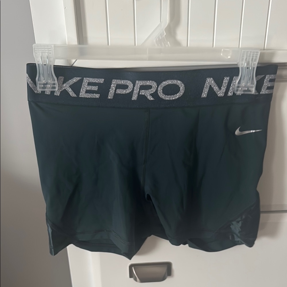 Nike Pro Dark Green Shorts with Silver Logo